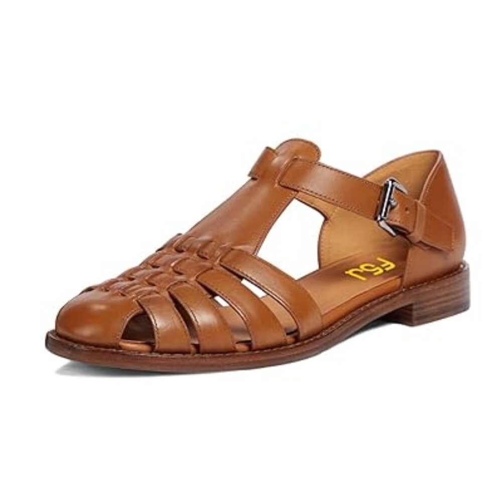 FSJ Women Retro Closed Toe Flats Sandals Low Block Heel Woven Roman Ankle Strap